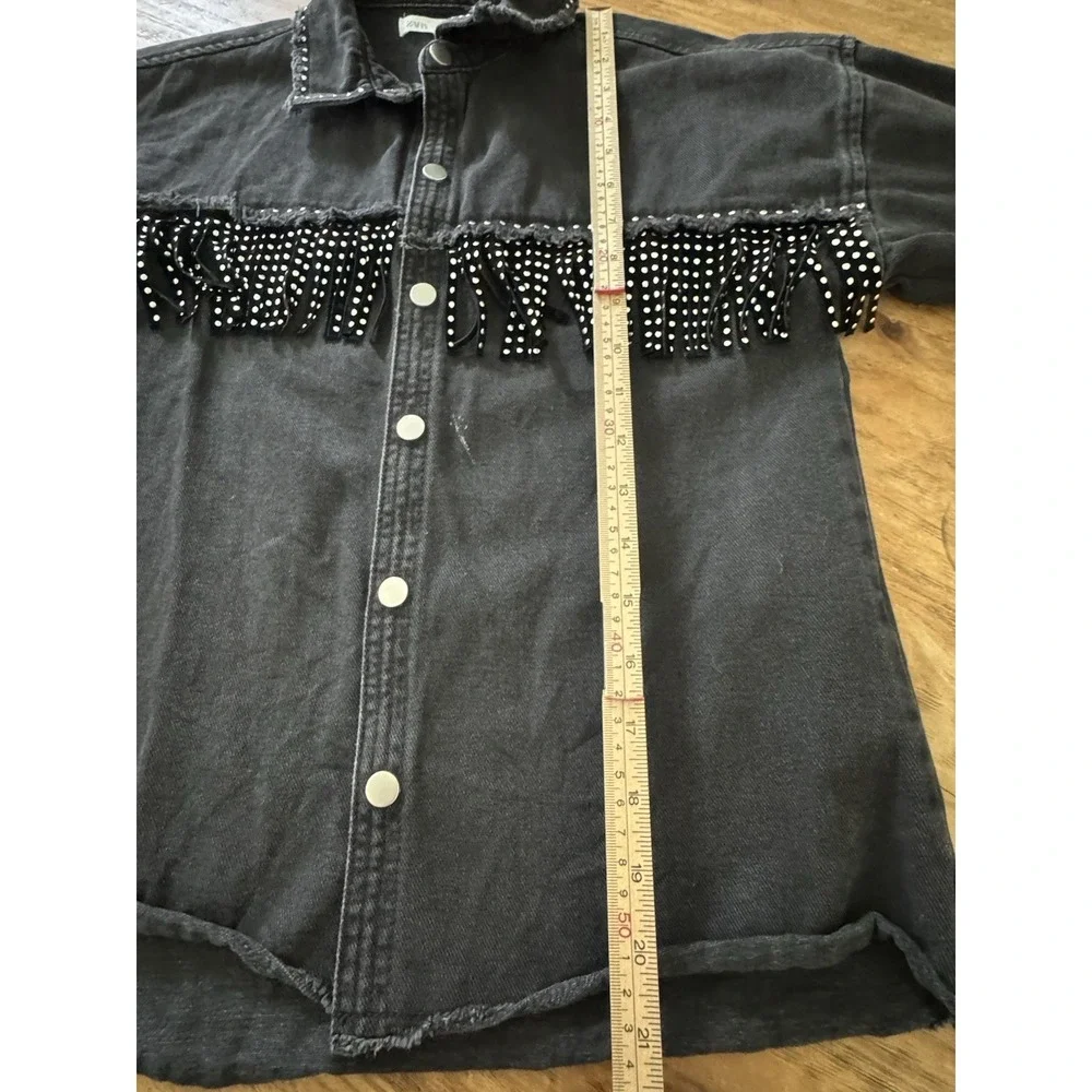 Zara Girl's Black Denim Studded Fringed Shirt Jacket Black Size 10 Snap